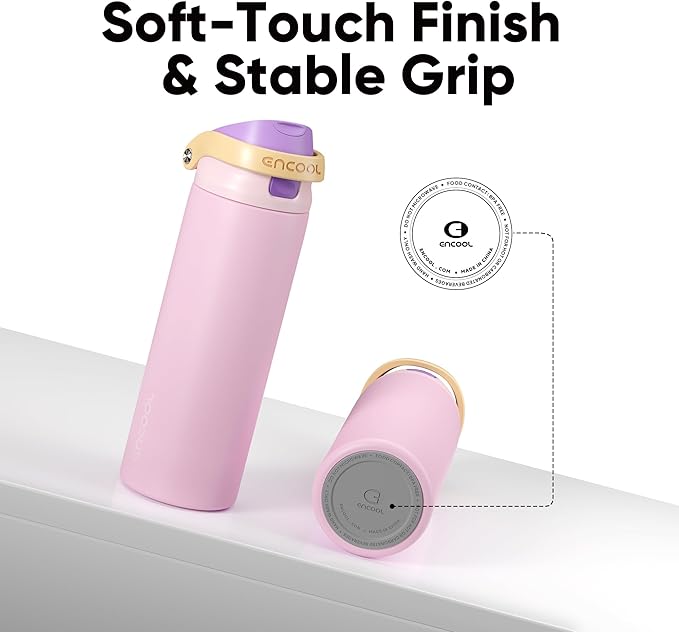 ENCOOL Leakproof Insulated Water Bottle with Straw Dual-Sip Water Bottle Bag-Safe Design for Work, Commute & Gym – Keeps Drinks Cold All Day, 18 oz, Peach Purple