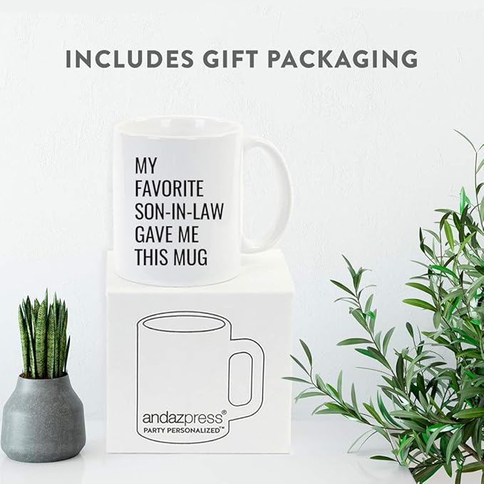 Andaz Press Funny 11oz. Coffee Mug Gift, My Favorite Son-in-Law Gave Me This Mug, 1-Pack, Christmas Birthday Drinking Cup for Him Her Family in Laws Relatives