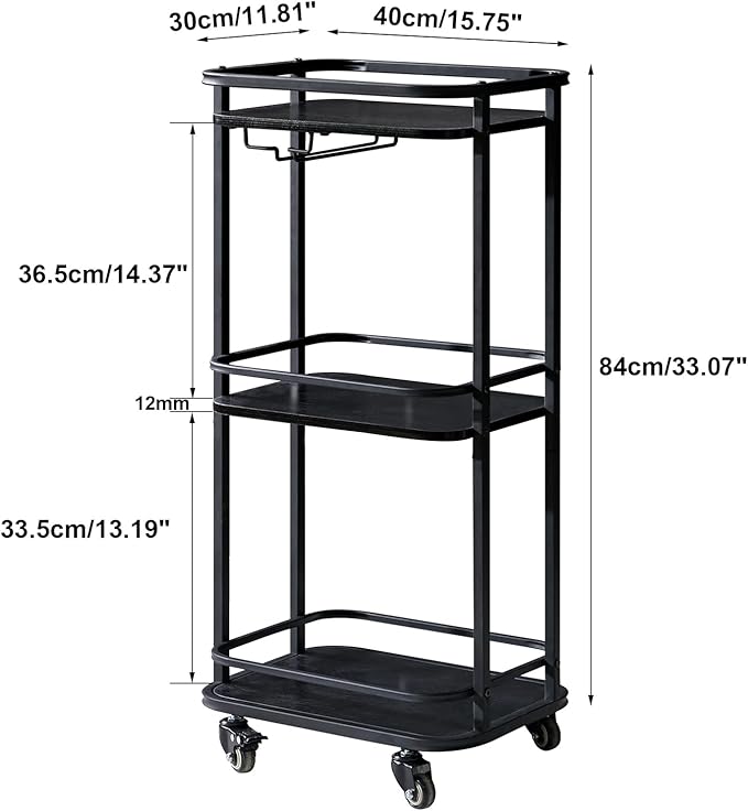 IBUYKE 3-Tier Home Bar Serving Cart,Kitchen Storage Carts with Wheels,11.79x15.72x33.01 inches,Rolling Mini Bar Cart for Home, Outdoor, Kitchen, Bedroom TMJ319B