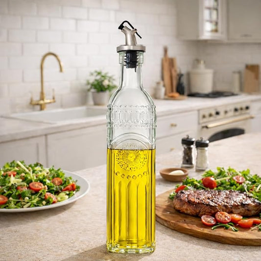 WERTIOO Olive Oil Dispenser Bottle for Kitchen,17oz Clear Glass Cooking Olive Oil and Vinegar Dispenser with Funnel, Delicately Engraved Glass Bottles for Kitchen