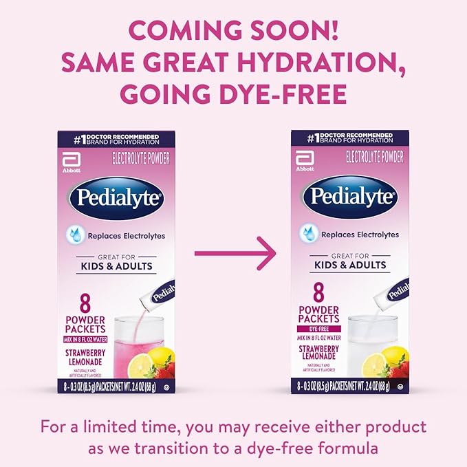 Pedialyte Electrolyte Powder, Hydration Drink for Kids & Adults, Strawberry Lemonade, 8 Powder Packets