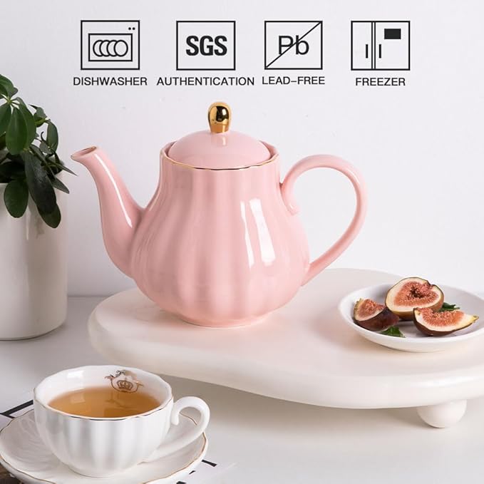 Sweejar Royal Teapot, Ceramic Tea Pot with Removable Stainless Steel Infuser, Blooming & Loose Leaf Teapot - 40 Ounce (Pink)