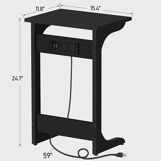 TUTOTAK C Shaped End Table with Charging Station, Side Table, Couch Table for Small Spaces, Tv Tray Table with 2 USB Ports and Outlets, Living Room, Bedroom TB01BK044