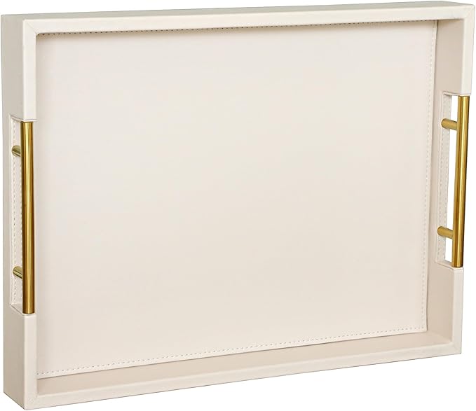 HofferRuffer Faux Leather Serving Tray with Gold Metal Handles, Stylish Decorative Tray Organizer for Coffee Table, Ottoman, Home Decor and Serving (CreamWhite, 16.2" x 12.2" x 2")