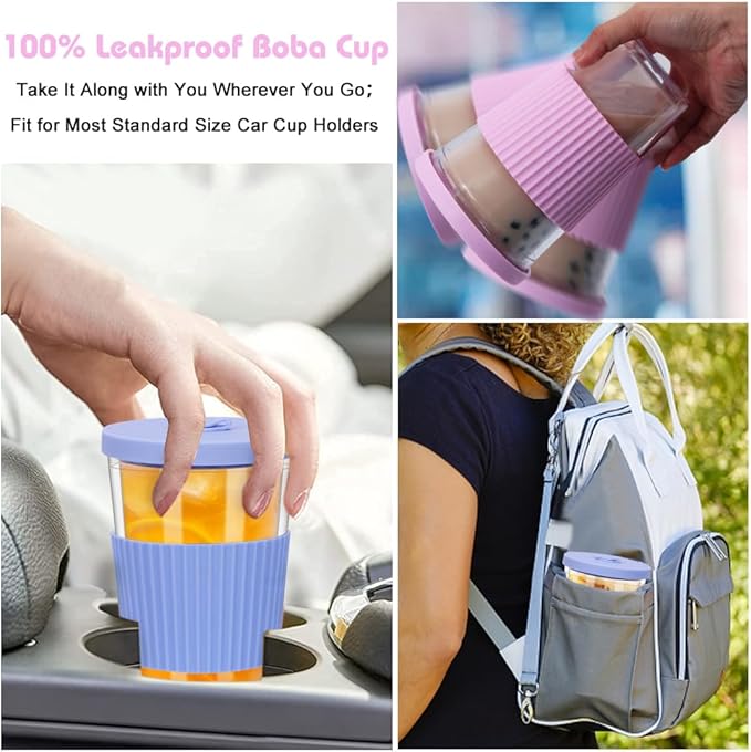 2 Pack Reusable Boba Cups, 17oz Iced Coffee With Straw and Lid, Leakproof Clear Plastic Tumbler, Double Wall Insulated Smoothie Cup, Pastel Violet and Cornflower Blue