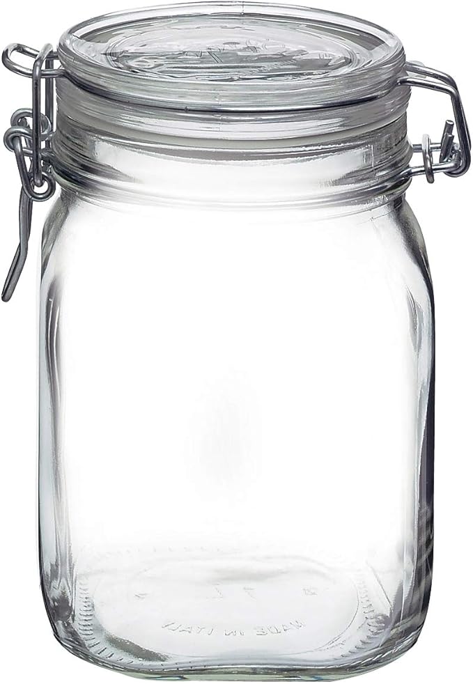 Bormioli Rocco Clear Glass Storage Jars: Airtight Hinged Lid With Leak Proof Gasket, Wide Mouth Canister Kitchen Food Container - For Zero Waste Air Tight Preserving Jam, Spices, Coffee, Sugar & Herbs