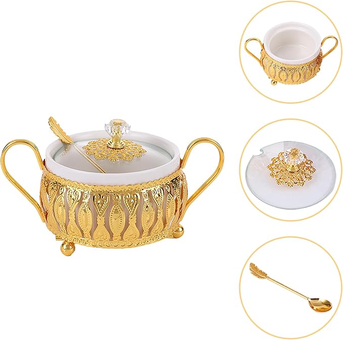 Flylin Sugar Bowl, Turkish Sugar Bowl with Lid and Spoon for for Candy Cookie Honey, Golden Vintage Glass Seasoning Jar for Home and Kitchen Coffee Bar