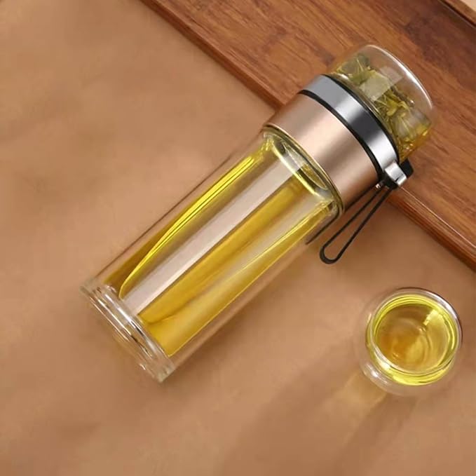 Tea Infuser Bottle, Glass Tea Infuser Bottle Double Wall Portable Tumbler Mug Travel Tumbler Mug Men Infusers Water Bottles (Gold)
