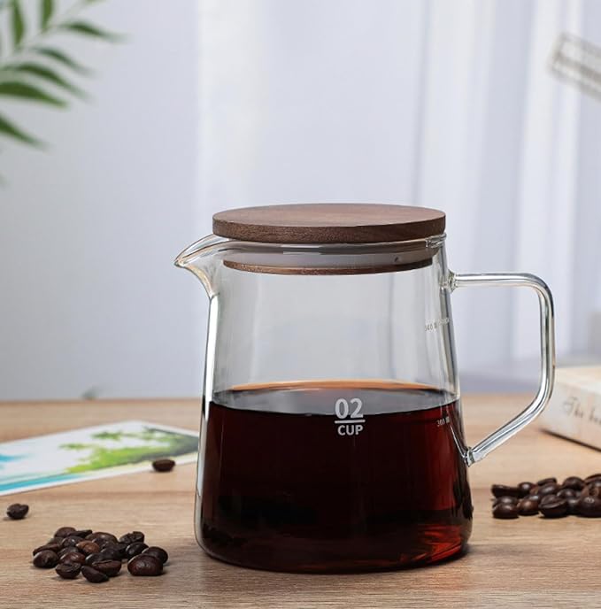 Elegant Clear Glass Creamer Coffee Milk Creamer Pitcher, Coffee Pot Serving Set with Handle and Wooden Lid-Smooth-20OZ-H