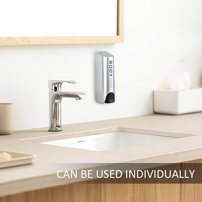 No Drill Shower Dispenser, 2-Chamber Wall Mounted Soap and Shampoo Dispenser for Bathroom, Refillable Liquid Organizer Holder for Shampoo, Body Wash, Lotion, 700ml(2x350ml) Capacity, Silver