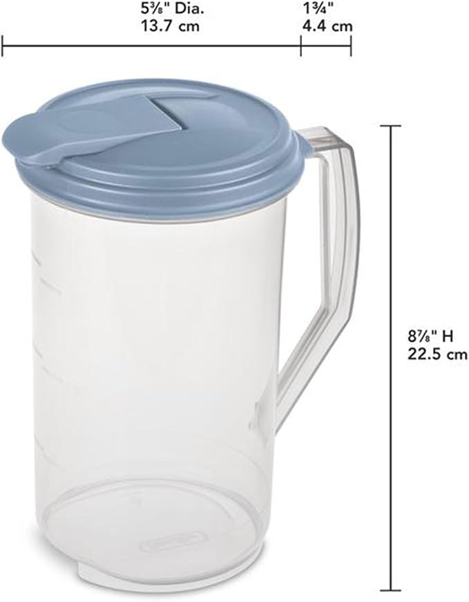 Sterilite 2 Quart Clear Round Plastic Pitcher, Dishwasher Proof with Blue Lid, Spout, and Handle for Easy Pouring, Washed Blue, 12-Pack