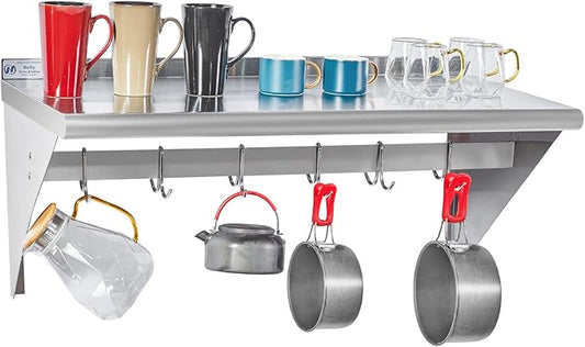 Hally Stainless Steel Shelf with 6 Hooks 18" x 36" Wall Mounted Pot Rack 350lb, NSF Commercial Floating Shelving for Storage Hanging Pots, Pans, cookware in Restaurant, Kitchen, Home and Hotel