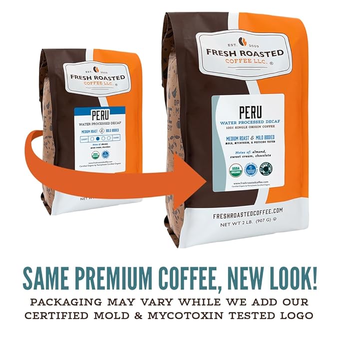 Fresh Roasted Coffee, USDA Organic Peru Water-Processed Decaf | 3rd Party Tested for Pesticides, Mold, Mycotoxins, Kosher | 100% Arabica, Specialty Grade, Med Roast 12 oz Whole Bean