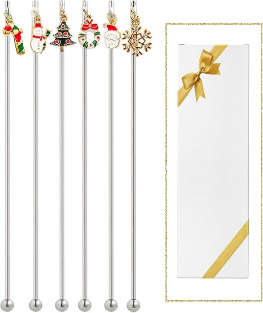 6Pcs Chrismas Charms Cocktail Stirrers Swizzle Sticks Stainless Steel 7.5" Coffee Beverage Stir Sticks for Mixing Cocktail, Hot Cocoa, Creamer