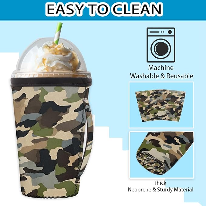 Army Camo Skin Reusable Insulator Coffee Sleeves for Drinks Beverages,Camouflage Neoprene Holder with Handle for Most Coffee or Ice Drink, 30-32oz