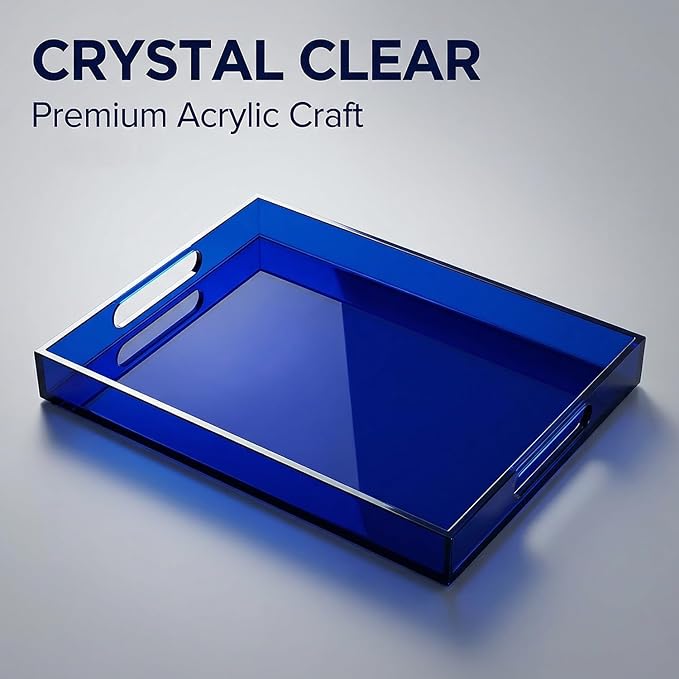 Sturdy 16" Acrylic Serving Tray with Handles - Ottoman Coffee Table Organizer for Food, Tea, Snacks, Vanity & Kitchen Countertop - Multi-Use for Bathroom, Living Room, Bar Parties (Dark Blue)