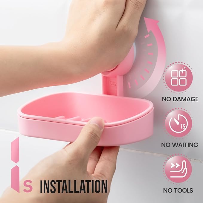 TAILI Soap Dish Bar Holder Suction Cup,SoapSaver with Powerful Vacuum Suction,Sponge Holder for Shower,Bathroom,Tub andKitchen Sink,Universal Shower Accessories,Drill-Free,Removable,2 Pack,Pink