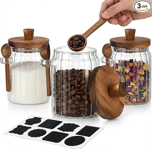 FUYIHGL® 3PCS Glass Storage Jars with Wooden Lids & Spoons – 20oz Airtight Canister Set with DIY Blank Labels – Decorative Small Containers for Coffee Bar, Bath Salts, Sugar, Spice & Overnight Oats