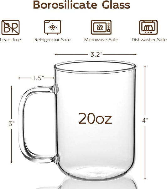 Glass Coffee Mugs, 20 oz Ice Coffee Cups Set of 4, Large Clear Tea Cups, Glass Mugs with Handles for Hot Beverages, Glass Cups for Latte, Cappuccino, and Tea