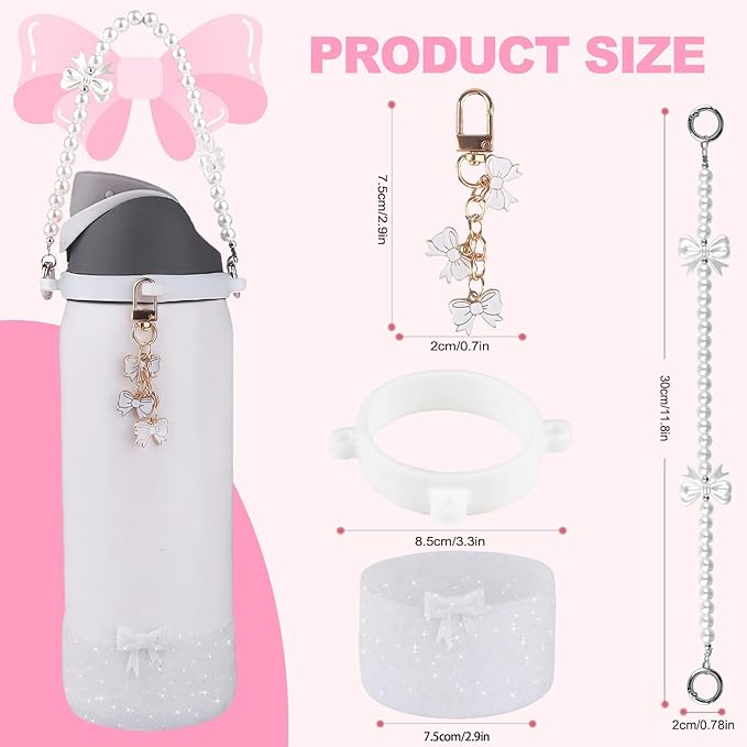 Water Bottle Accessories Set for Owala FreeSip 24oz、32 oz– Includes Pearl Handle Strap, Bow Charms,2.9in .3inch Silicone Bling Boot for Owala Accessories for Women