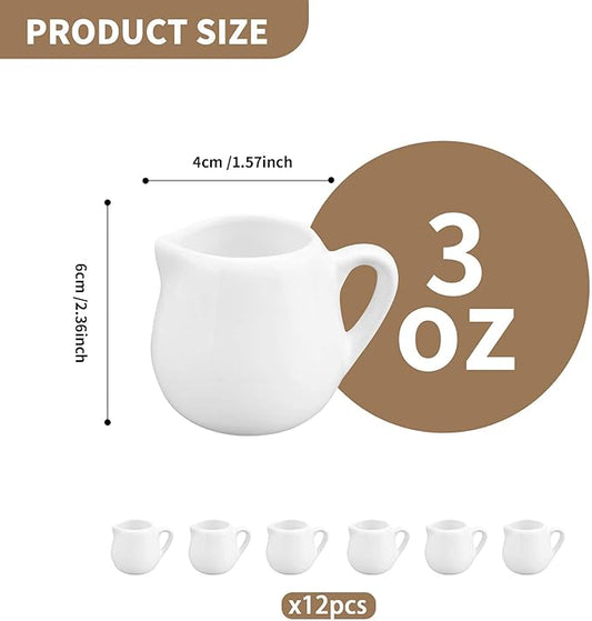 12 Pack 3 oz Mini Ceramic Creamer with Handle, White Porcelain Mini Cream Pitcher with Handle, Small Sauce Jus Mini Pitchers for Sauces for Milk, Coffee, Jam, Syrup