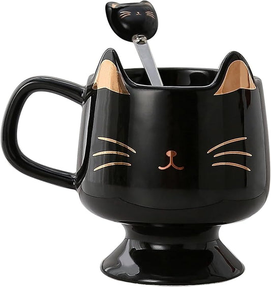 Yuwu Ceramic Coffee Mug, Cute Cat Tea Mug with Spoon, Funny Gifts for Women Girls for cat lovers (Black)