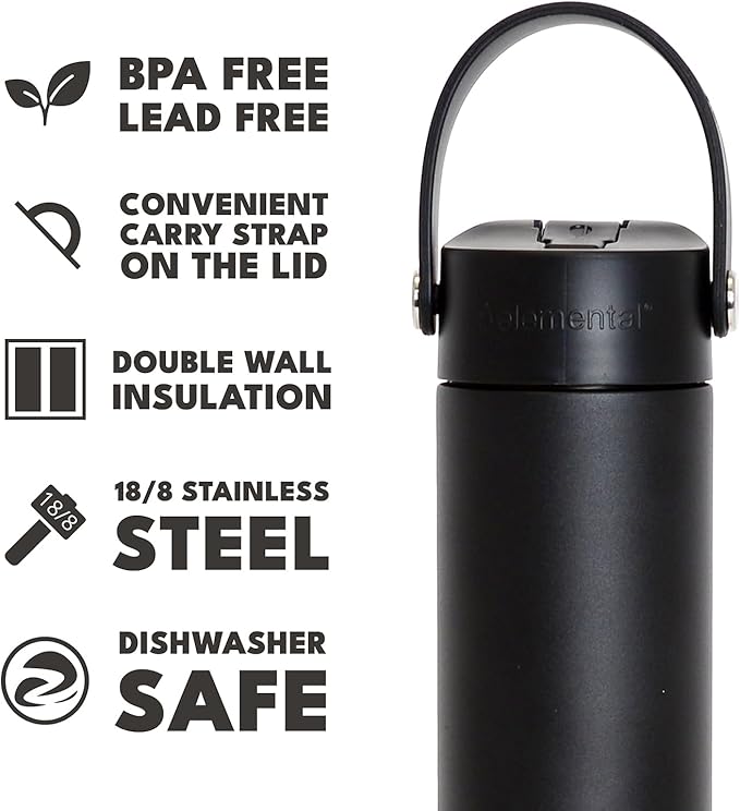 Elemental 24oz Insulated Water Bottle with Straw - 100% Leak-Proof Stainless Steel Core Water Bottles for Travel, Sports and Gym - Double Wall Insulation & BPA Free - Black