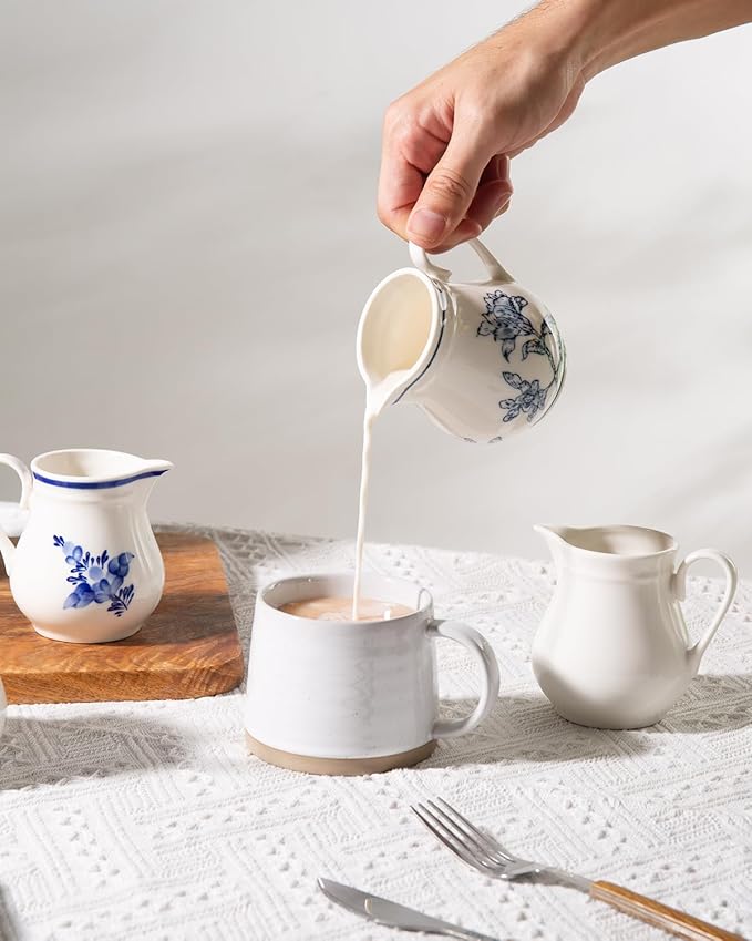 8Oz Creamer, Ceramic Milk Creamer Pitcher with Handle, Flowers and Branches