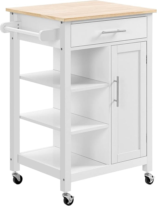 HOMCOM Kitchen Island Cart, Rolling Kitchen Island with Storage Shelf, Solid Wood Top, Drawer, for Dining Room, White