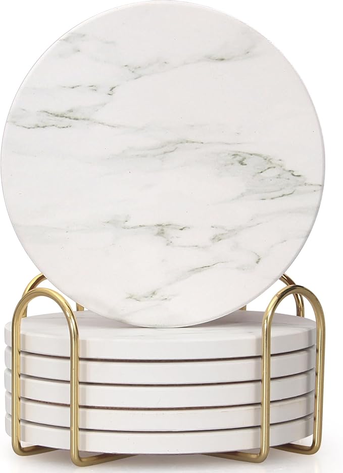 White Marble Coasters Set of 6 - Round Ceramic Absorbent Coasters with Holder for Lounge, Bar, Coffee, Cup, Table, Desk