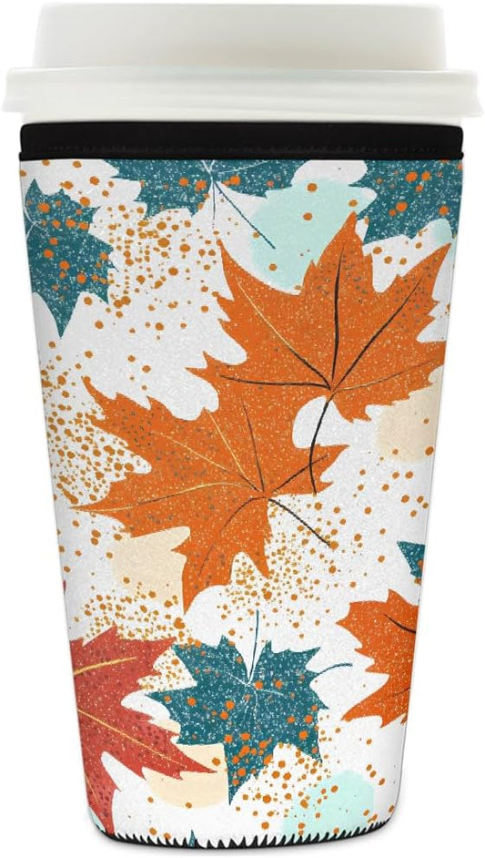 Colored Fall Maple Leaves Iced Coffee Sleeve for Cold Drink Cups, Reusable Neoprene Insulated Drink Sleeves Cup Cover for Beverages, Fits 16-18 oz