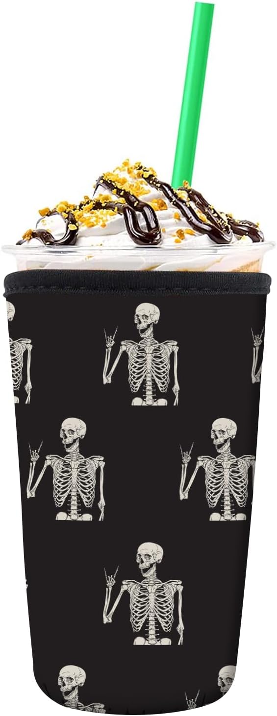 Reusable Neoprene Insulator Sleeve for Iced Coffee Cold Soda Cups, Cute Durable Drink Sleeve for Cold Beverages, Medium 22-28oz Cup Sleeve Cute Funny Skull