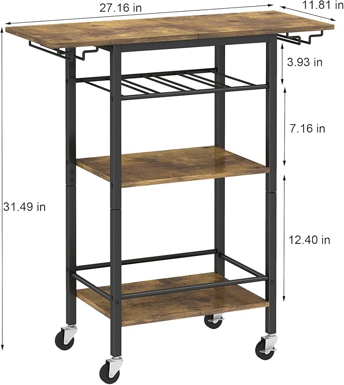 LAATOOREE Bar Cart, Home Bar Serving Cart, 3 Tier Mobile Drink Beverage Cart, Rolling Kitchen Shelf with Wine and Glass Holders, for Dinning Room, Living Room, Kitchen