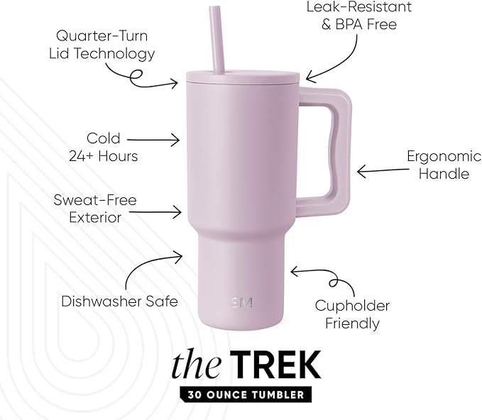 Simple Modern 30 oz Trek Tumbler with Handle and Straw Lid | Cup Holder Friendly Insulated Stainless Steel Travel Mug | Lavender Mist