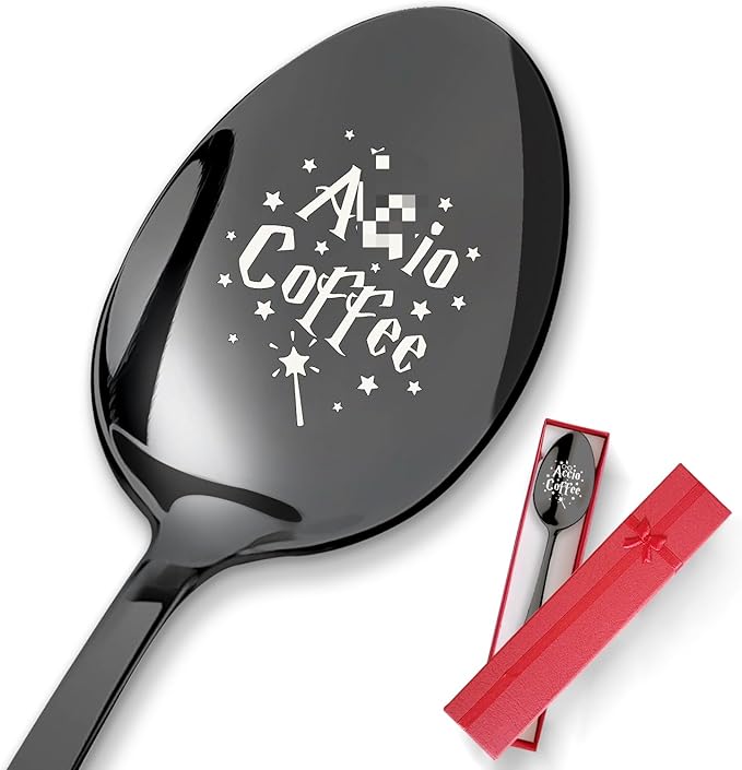 PZJIEAN Engraved Coffee Spoon - Black Stainless Steel Funny Gift for Coffee Lovers & Bookworms | Long Handle Ice Cream Dessert Spoon for Birthday Valentine Christmas