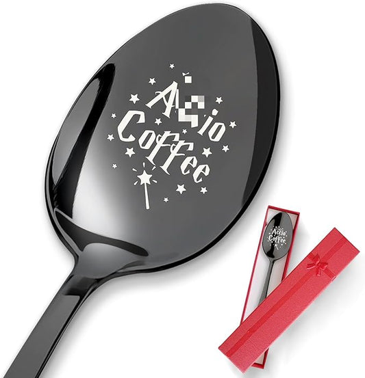 PZJIEAN Engraved Coffee Spoon - Black Stainless Steel Funny Gift for Coffee Lovers & Bookworms | Long Handle Ice Cream Dessert Spoon for Birthday Valentine Christmas