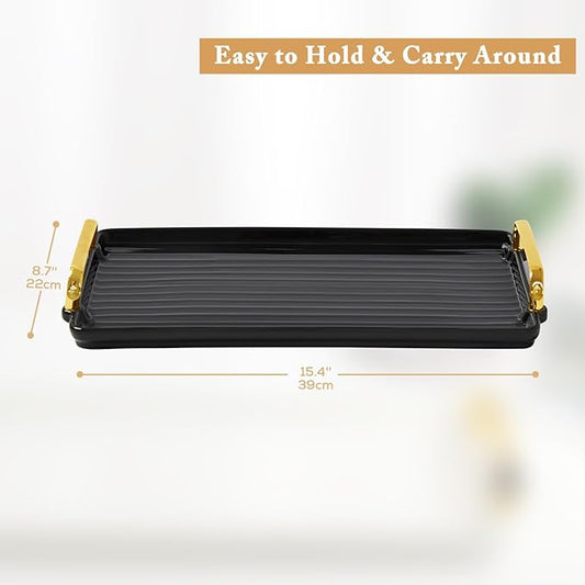 DUJUST Porcelain Serving Tray with Golden Handles, Modern Nordic Style Coffee Table Tray, Beautiful Tea Trays Decor for Living Room, Easy to Use & Clean - Black