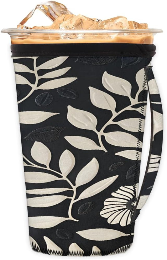 Reusable Iced Coffee Cup Sleeve Leaves Flowers Geometric Neoprene Insulated Sleeves Cup Holder with handle Idea for 24oz - 28oz