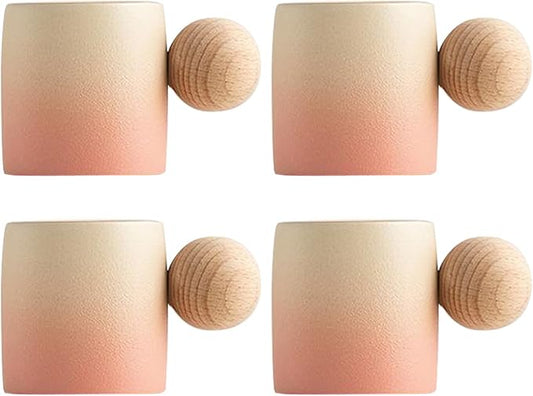 2-Oz Ceramic Espresso Cups with Wood Handle, 2/4-Piece Set for Coffee, Tea, Latte - Dishwasher Safe, Multi-Color & Wood Styles, Gift & Café Use (pink, Round Handle4)