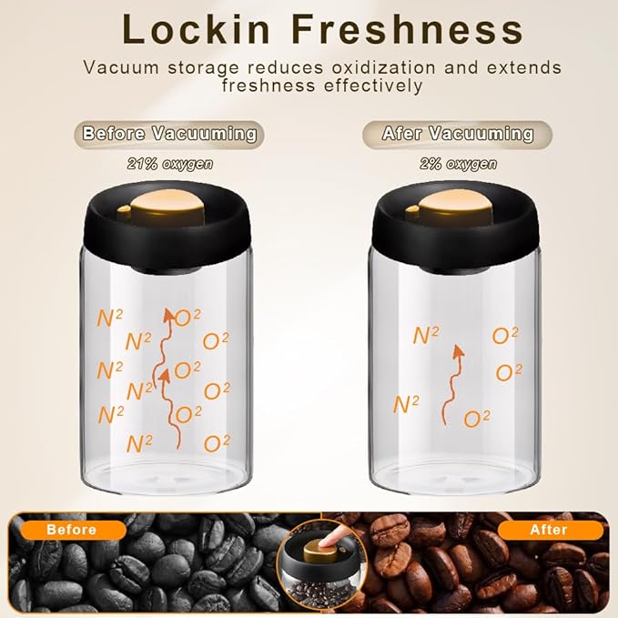 2PCS Vacuum Coffee Canisters with Airtight Lids and Wooden Spoons for Coffee, Borosilicate Glass Mason Jars Vacuum Sealer Kit, Grounds Coffee Bar Accessories for Tea, Beans, Spices, Sugar, 1200ml