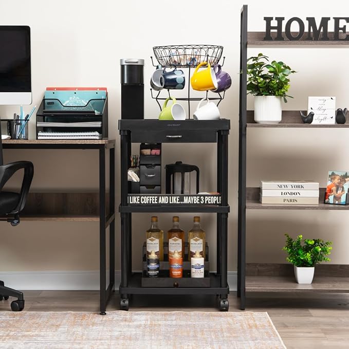 Mind Reader Bar Cart, Rolling, Utility Cart, 3-Tier, Coffee Cart, Bathroom, Kitchen, Plastic, 20"L x 15"W x 34.5"H, Black