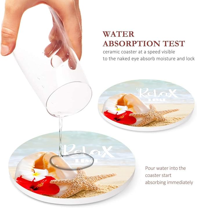 Britimes Coaster for Drinks Set of 6, Tropical Beach Landscape Caribbean Absorbent Round Ceramic Stone Mat, with Cork Base and Metal Holder, Gift for Housewarming Room Bar Decor