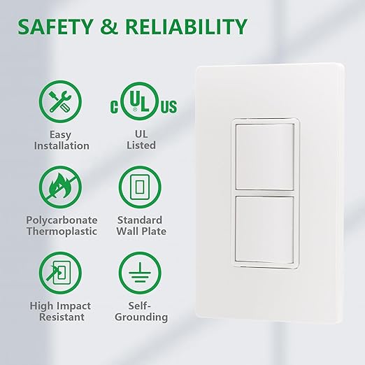 Wengart Double Rocker Combination Decorator Switch, 2-in-1 Space-Saving Wall Switch, 15A 120V, Screwless Wall Plate, Single Pole, UL Listed, White