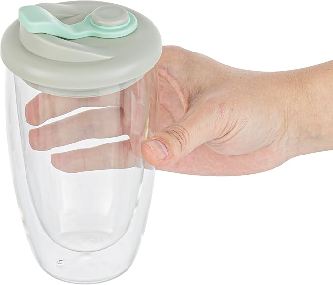 Restaurantware Glass Travel Mug 1 Count 15 Ounce Double Wall Borosilicate Reusable Coffee Cup, Spill-Resistant Gray and Green Silicone Lid, Clear Drinkware Mug for Hot and Cold Beverages