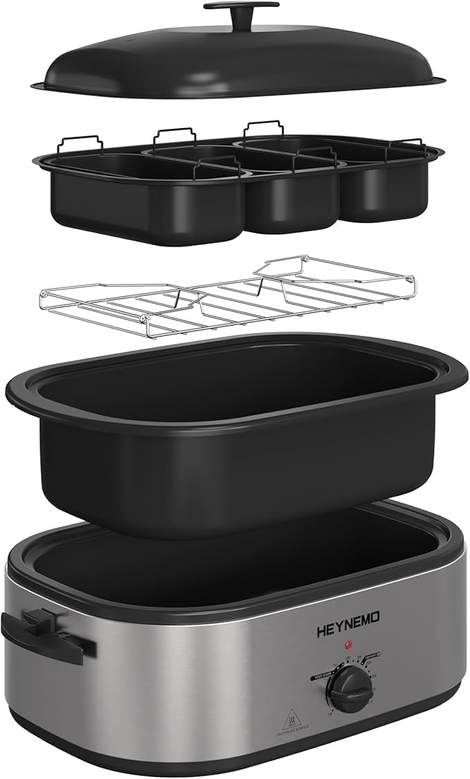 Roaster Oven 24QT, Electric Roaster Pan with 3 Compartments and Self-Basting Lid, Large Stainless Steel Electric Turkey Roaster Oven Defrost Warm Function, Removable Pan Rack, Fits Turkeys Up to 28LB