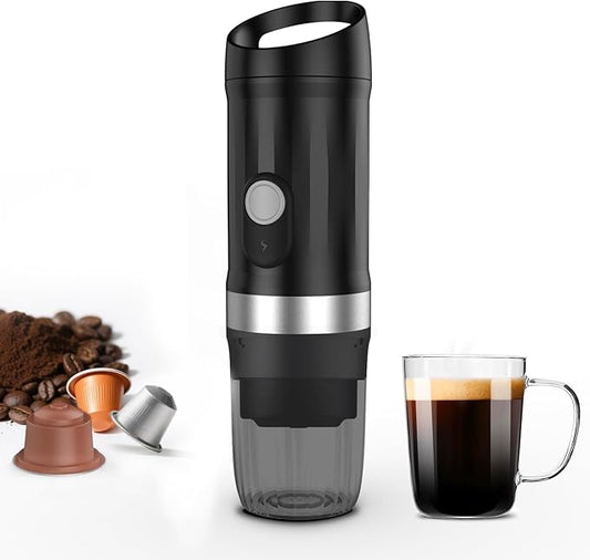 Portable Espresso Machine 3Minute Auto Heat12V Rechargeable Electri Coffee Maker 20 BaCompatible with NS DG Capsules and GroundCoffee for Camping, Travelling RVing HikingandOffice (‌Charcoal black)