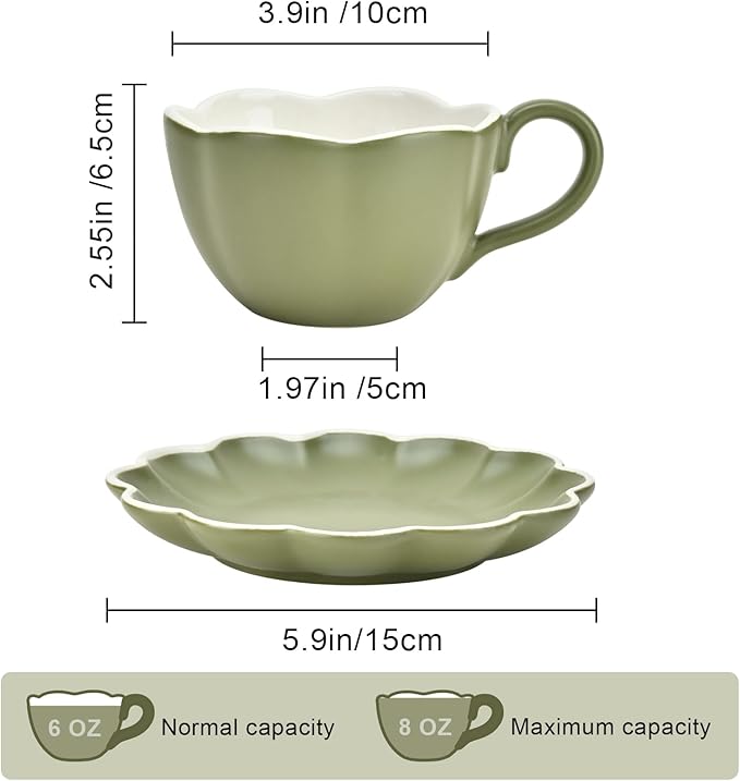 MyBudsBuzz Ceramic Espresso Cups with Saucers 6 oz,Coffe Cups for Cappuccino,Latte,Tea with Saucers Set of 2 - Flower - Vintage Green