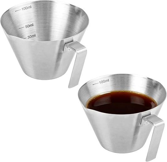 WCHOSOZH 2Pcs Espresso Cups with Handle, 3.4OZ/100ML Espresso Accessories, Stainless Steel Spout Measuring Cup with Scale, Espresso Pouring Cup with V-Shaped Mouth (Double V-Deep Mouth - Silver)