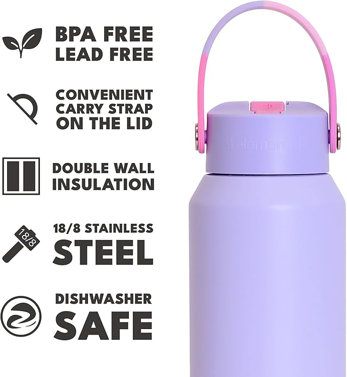 Elemental 40oz Insulated Water Bottle with Straw - 100% Leak-Proof Stainless Steel Core Water Bottles for Travel, Sports and Gym - Double Wall Insulation & BPA Free - Lilac Tie Dye
