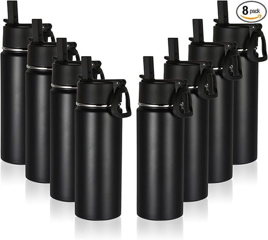Volhoply 16 OZ Kids Water Bottle Bulk 8 Pack,Insulated Sports Bottles with Straw Lid,Stainless Steel Bottle with Handle Keep Cold & Hot,Double Wall Vacuum Tumbler Cups for School,Girls(Black, 8)